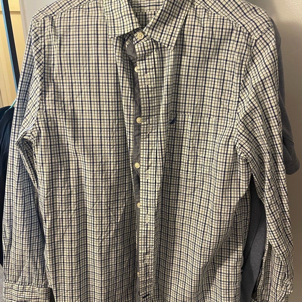 Nautica Blue White and Green Casual Button Down Shirt